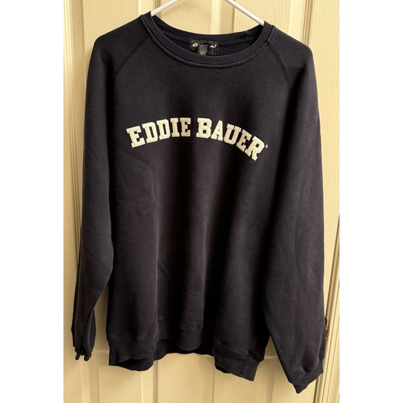 Eddie Bauer Stretch Spell Out Navy Crewneck Embroidered Sweat Shirt Men's‎ Large - Picture 1 of 5